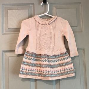 Maggie & Zoe Baby 6-9MBeige Blue Patterned Cotton Long Sleeve Knit Sweater Dress